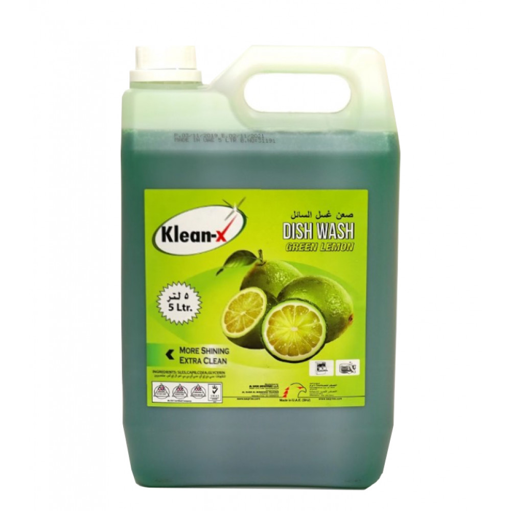 KLEAN-X DISH WASH LIQUID GREEN LEMON 5 LTR ( 4 Pieces Per Box )