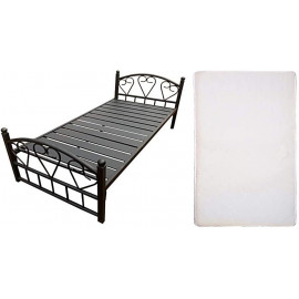 Single Steel Bed  Thick Slat Base and Medicated Mattress, Black