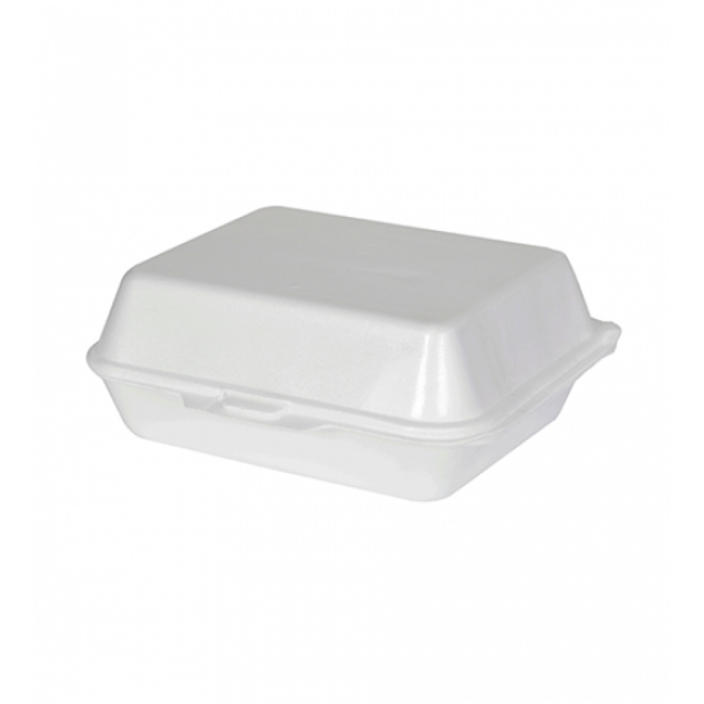FOAM LUNCH BOX WITH HINGED LID WHITE  185 X 140 X 80 ML ( 100 Pieces Per Carton )