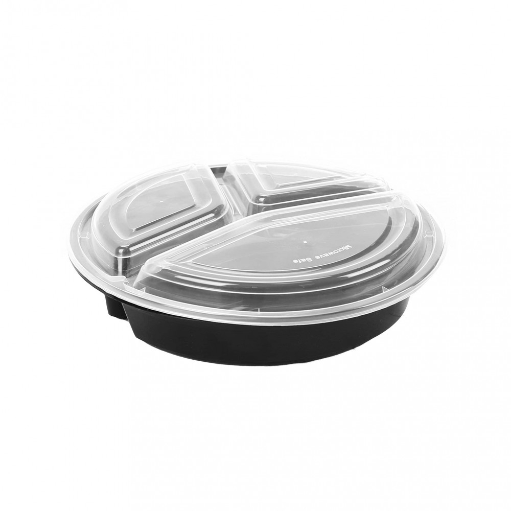 BLACK BASE ROUND 3-COMPARTMENT CONTAINER 48 OZ WITH LIDS (150 PIECES PER CARTON)