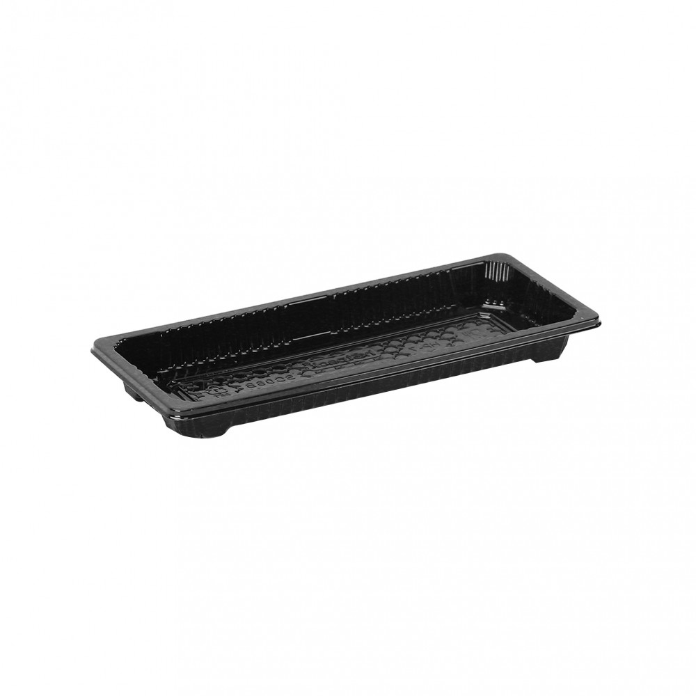 BLACK SUSHI CONTAINER 220 X 60 X 21 MM BASE WITH LID (500 PIECES PER CARTON)