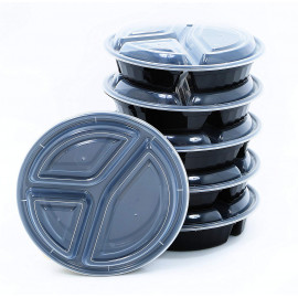 BLACK BASE ROUND 3-COMPARTMENT CONTAINER 48 OZ WITH LIDS (150 PIECES PER CARTON)