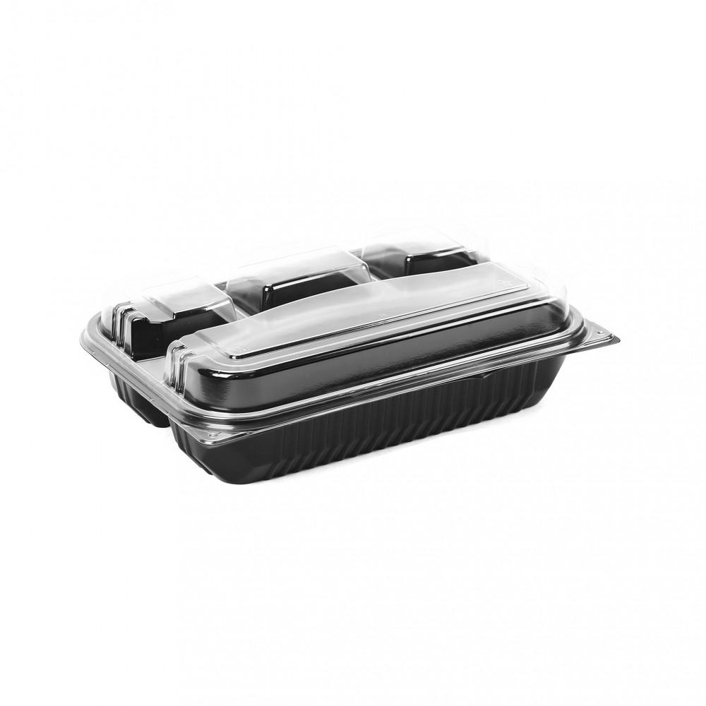 BLACK BASE RECTANGULAR 4-COMPARTMENT CONTAINER BASE WITH LID (200 PIECES PER CARTON)