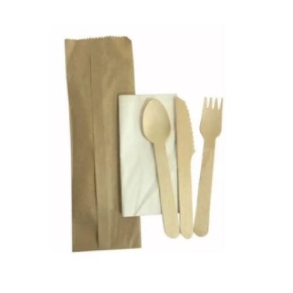  WOODEN CUTLERY PACK - SPOON, FORK, KNIFE, NAPKIN | 250 PIECES
