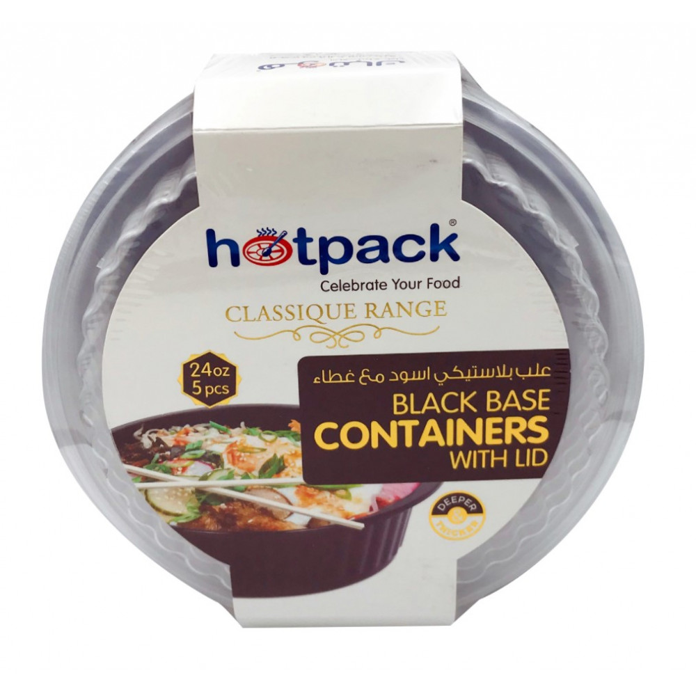 BLACK BASE ROUND MICROWAVABLE CONTAINER WITH LIDS  24 OUNCE  - 5 PIECES ( 10 Pack Per Carton )