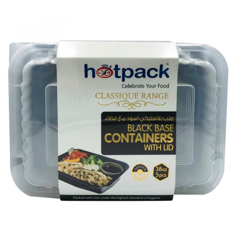BLACK BASE RECTANGULAR MICROWAVABLE CONTAINER WITH LIDS 38 OUNCE  - 5 PIECES ( 12 Pieces Per Carton )