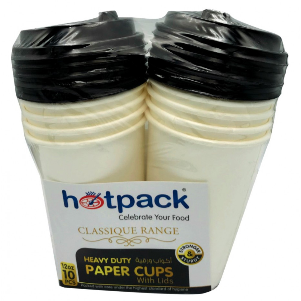 HEAVY DUTY PAPER CUP WHITE WITH BLACK LID 12 OUNCE - 10 PIECES  ( 20 Pack Per Carton )