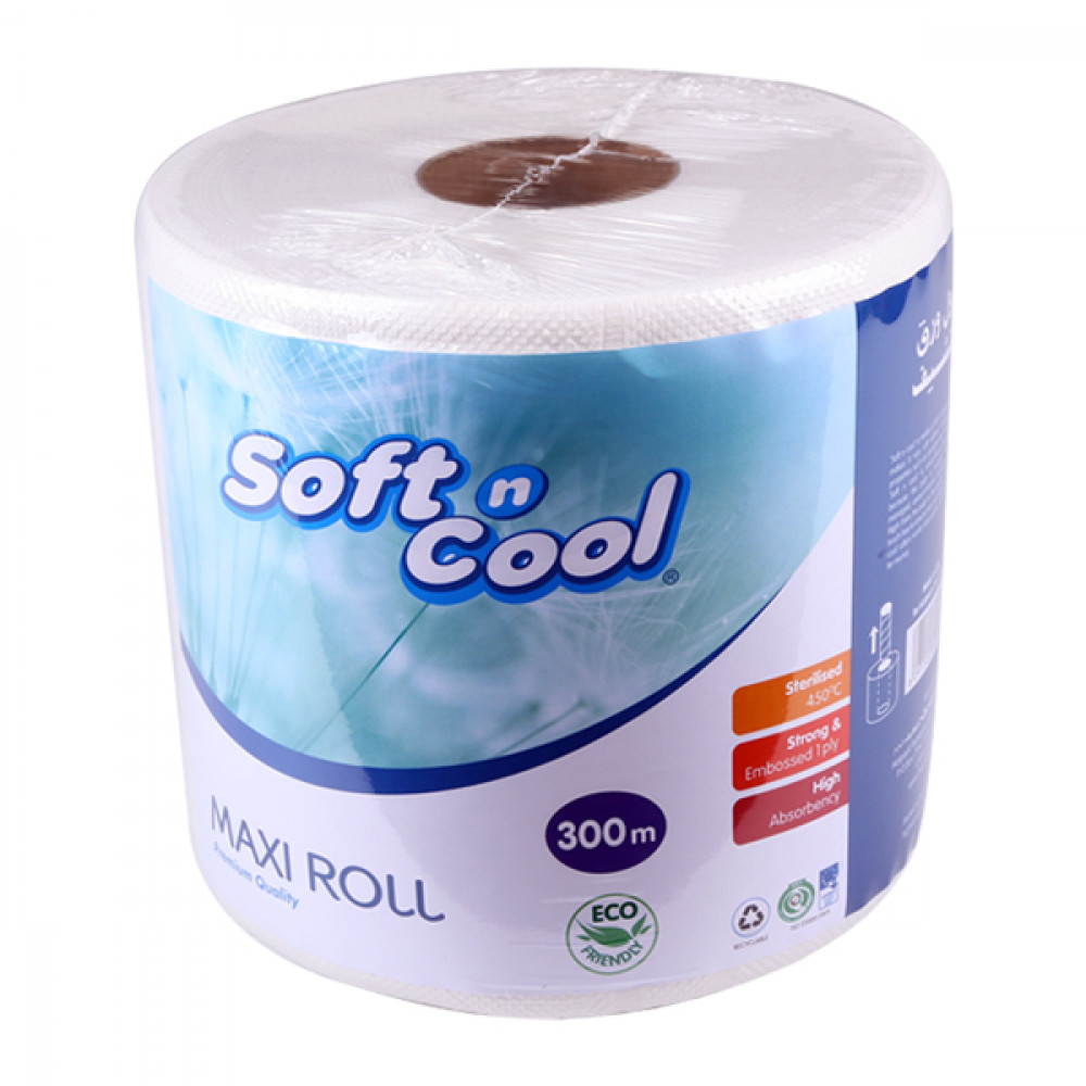 Soft n Cool-Embossed Perforated Paper Maxi Roll -1ply 1roll-300 mtr ( 6 Rolls Per Carton )
