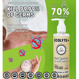 Ecolyte+ 24 Hour Protection Hand Sanitizer Gel - 99.99% Effective Against Germs -70% Alcohol, Moisturizer, Skin Friendly and Safe for Kids, Instant Germ-Free Protection, (250 ml)