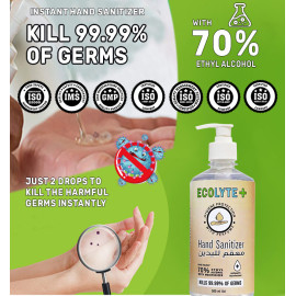 Ecolyte+ 24 Hour Protection Hand Sanitizer Gel - 99.99% Effective Against Germs -70% Alcohol, Moisturizer, Skin Friendly and Safe for Kids, Instant Germ-Free Protection, (500 ml)