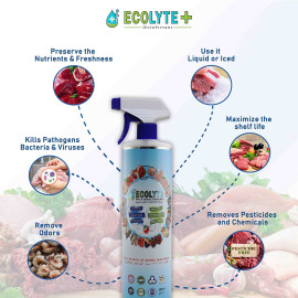 Ecolyte Meat & Seafood Disinfectant 500ml I 100% Natural Action, Removes Pesticides & 99.9% Germs With Pure Electrolyzed Water, Safe to Use on Meat & Seafood, Nontoxic and Nonalcoholic.
