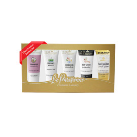 La Parisienne Premium Luxury Travel Kit Gold Color box – 30ml (Shampoo, Conditioner, Shower Gel, Body Lotion, Hand Sanitizer)