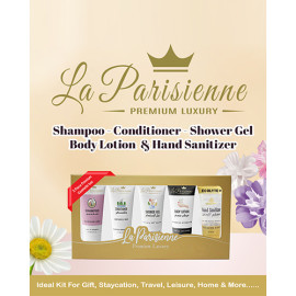 La Parisienne Premium Luxury Travel Gold Box, 30ML pack of 5 Tubes (Shampoo, Conditioner, Shower Gel, Body Lotion & Hand Sanitizer) All Skin Types | Unisex Gift Hamper For All Festive Occasions.