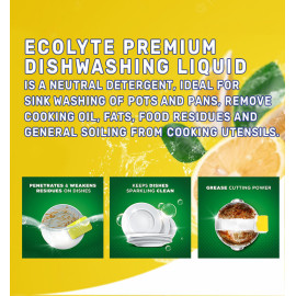 Ecolyte Premium Dishwashing Liquid , With Lemon Fragrance, Leaves No Residue, Kitchen Utensil Cleaner, Removes grease & oil, Washes away bacteria, Safe for sensitive skin, 5 Litre