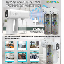 Ecolyte+ Nano Sprayer Handheld Rechargeable Blue Light Atomization Gun 380 ml + Ecolyte Multi-Surface Disinfectant, Pack of 2 bottles of 500ml