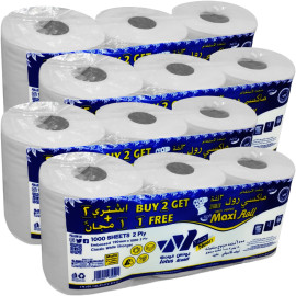12 Rolls, 1000 Sheets each, 2 Ply, Multi-Purpose Embossed Maxi Roll, 190 meters, Pure white - lotus Alwadi