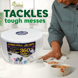 Jumbo Tissue Roll (Multi-Purpose), 2-Ply, White, 360 Meters, 1470 Sheets + 100 Free Tissue - Maxi Roll. For Kitchen, Outdoors, Dining table, Floor cleaning and any surface.